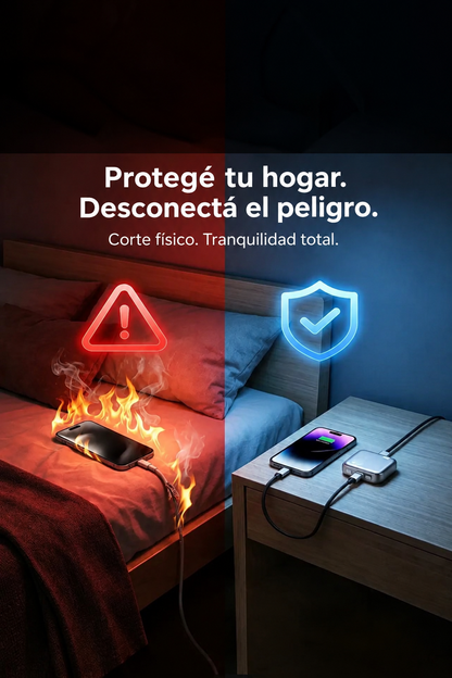 Cargador con desconexión automática, diseño compacto y puerto USB-C para carga segura y eficiente.