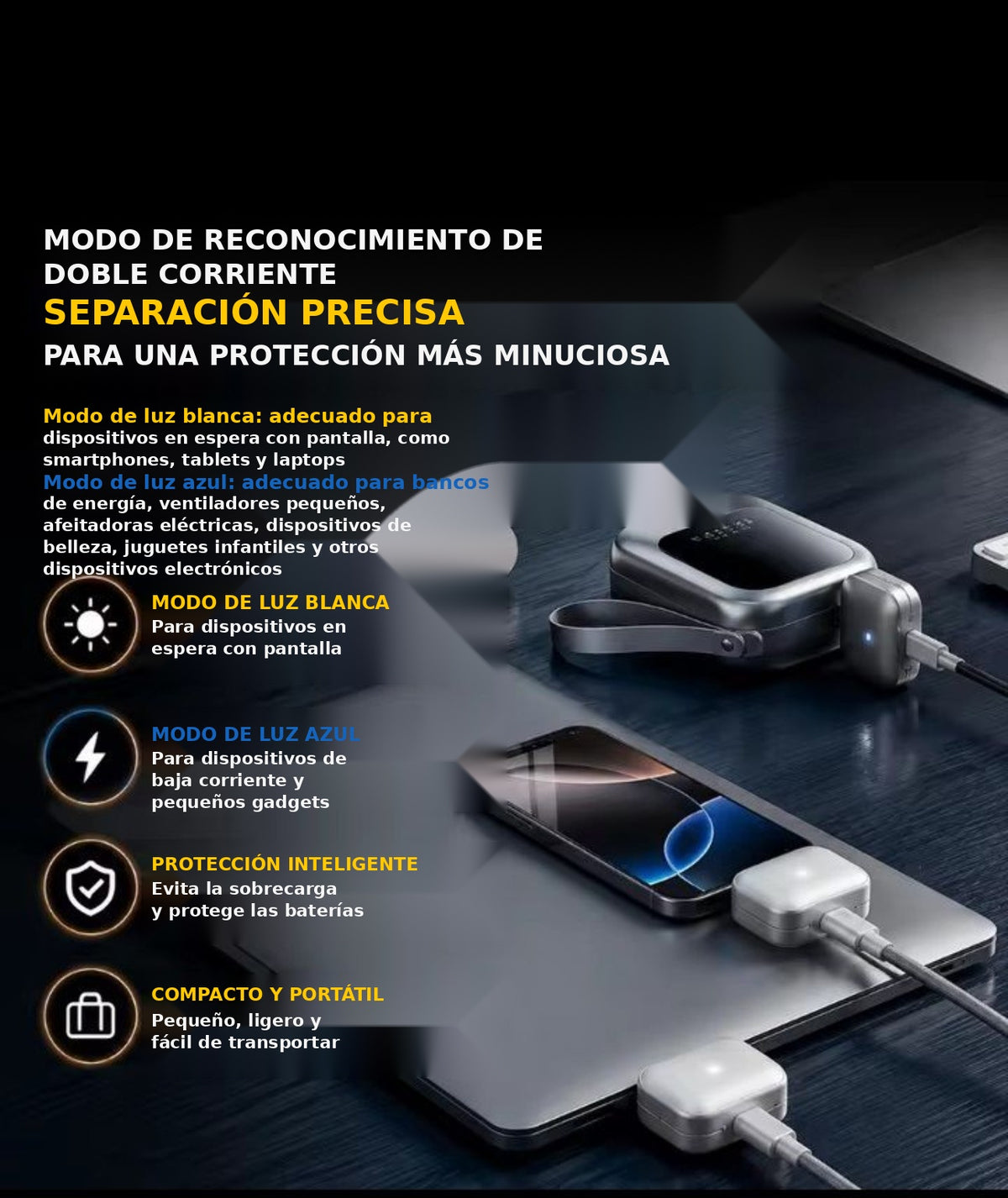 Cargador con desconexión automática, diseño compacto y puerto USB-C para carga segura y eficiente.