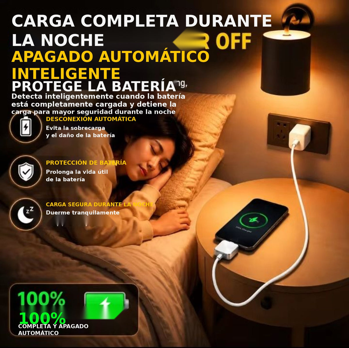 Cargador con desconexión automática, diseño compacto y puerto USB-C para carga segura y eficiente.
